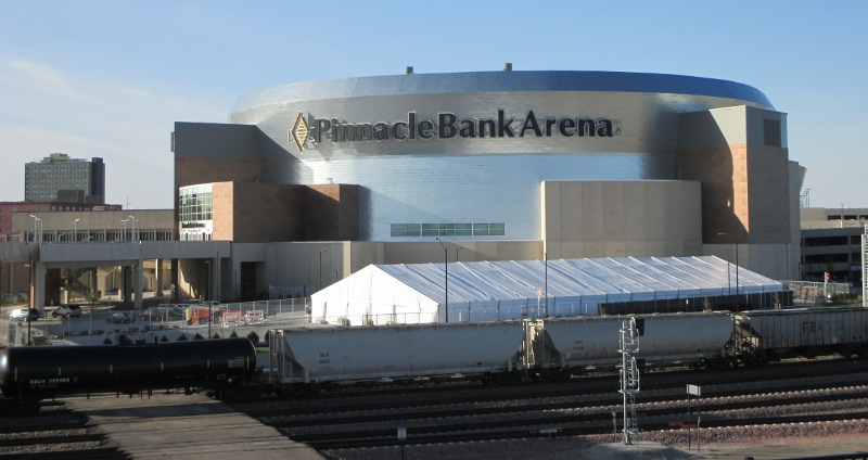 Image of Large weighted Clear Span Tent set at Pinnacle Bank Arena