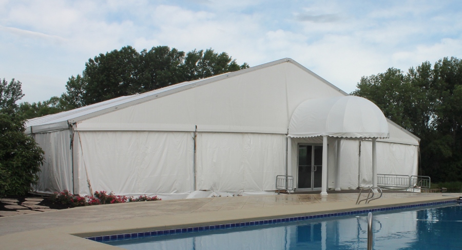 view of Tent set with bubble entry by pool