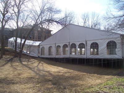 Side view of tent on decking