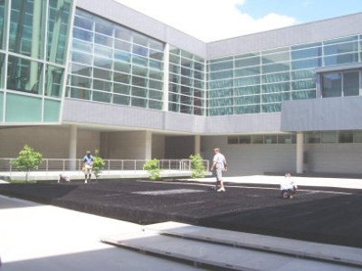 Image of set up of deck to level courtyard of preforming arts center