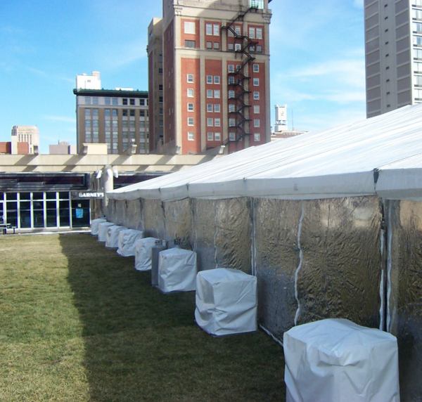 sideview of Kansas City area tent rental aLT&A SUPER TENT® with covered double stacked weights