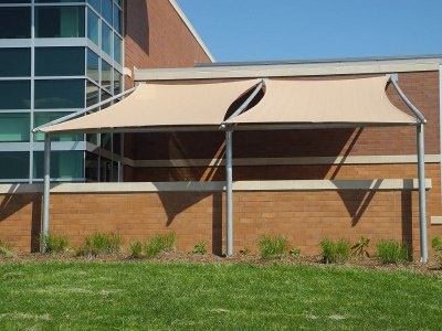 Image of shade structure over enclosed patio at Lincoln, NE YMCA.