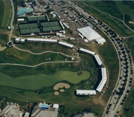 Image of skyboxes on golf course from above