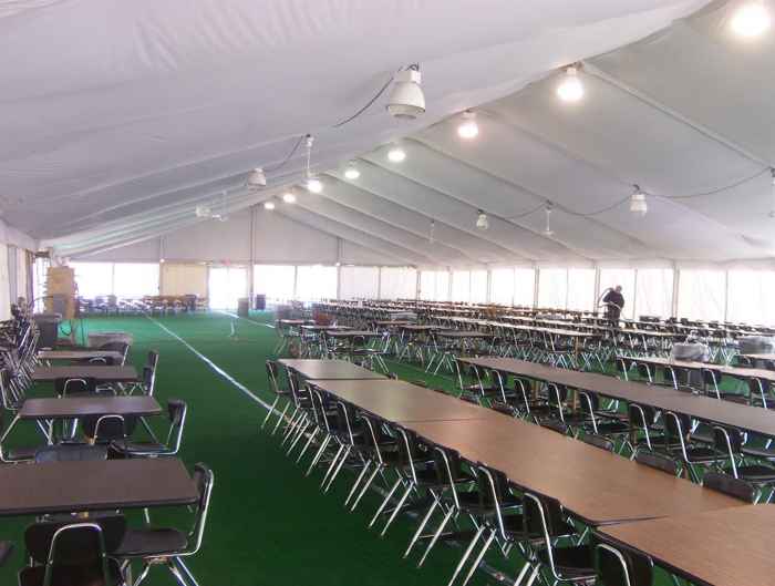 Inside view of Clear Span Tent used as a temporary cafeteria with Flooring and Carpet